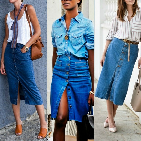 long button down denim skirt